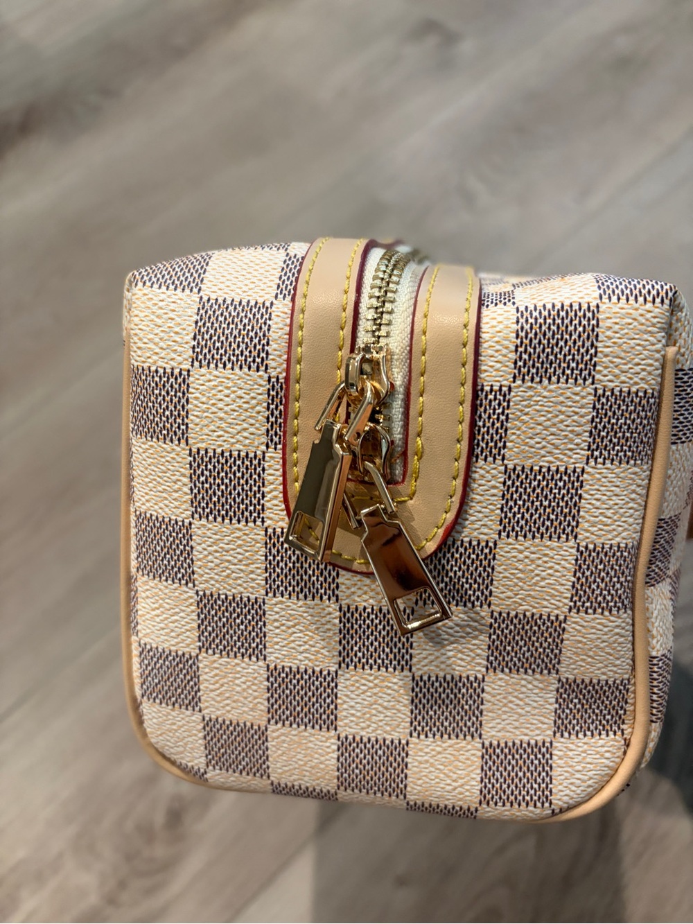 Cream Gray Checkerboard Cosmetic Case Bag - Picture 7 of 8